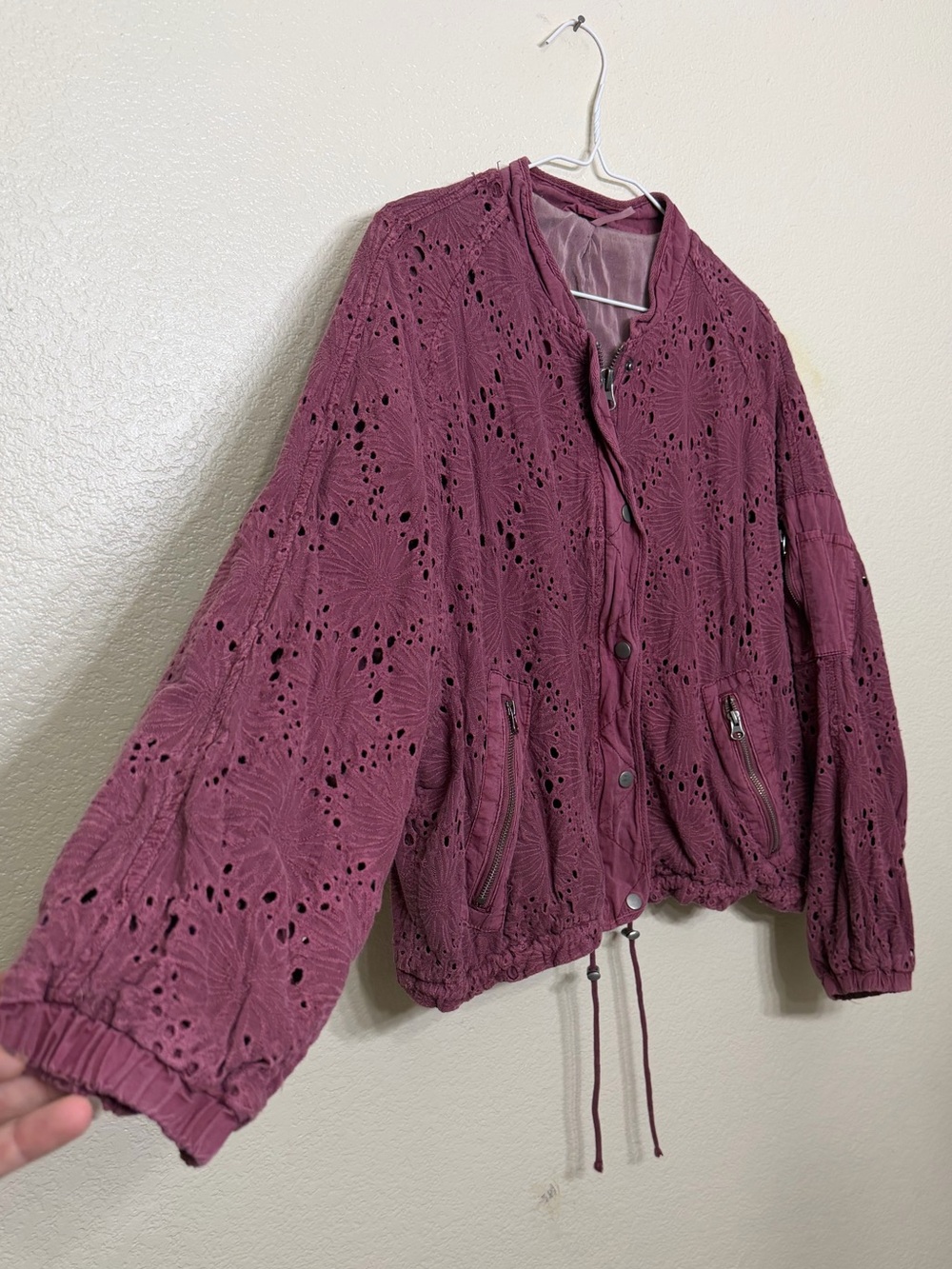 Free People Daisy Jane Bomber Jacket Eyelet Raspberry Purple Slouchy Oversized S - Picture 9 of 16